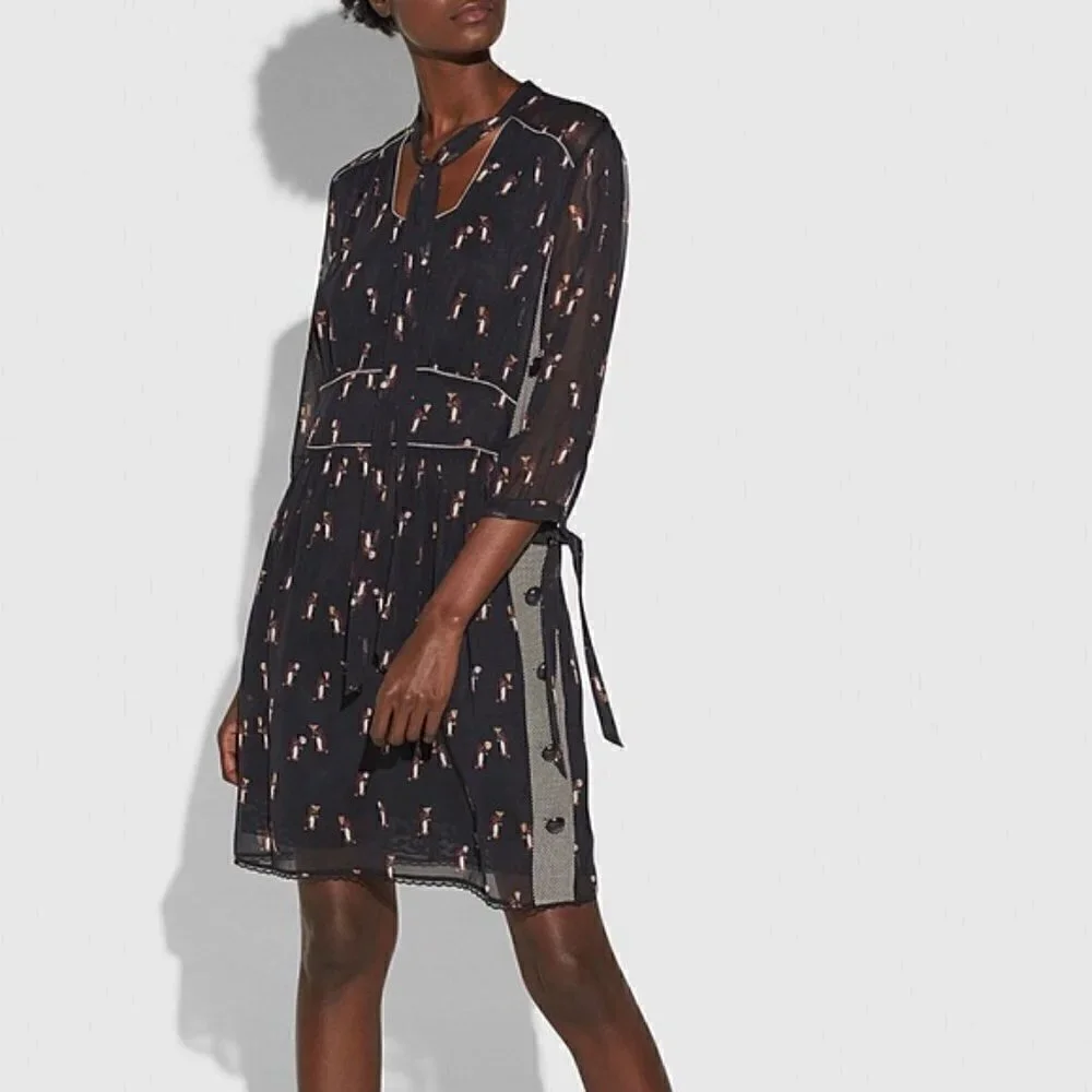 New Coach 1941 Penguin Print Tie Neck Knee Length Black Dress NWT Size 6 US